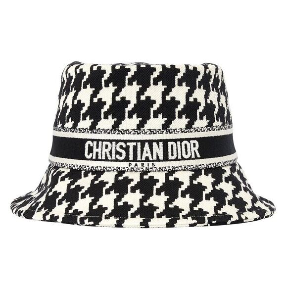 Christian Dior Houndstooth Black White Jacquard Cotton Logo Sun Bucket Hat 57 - Picture 1 of 8